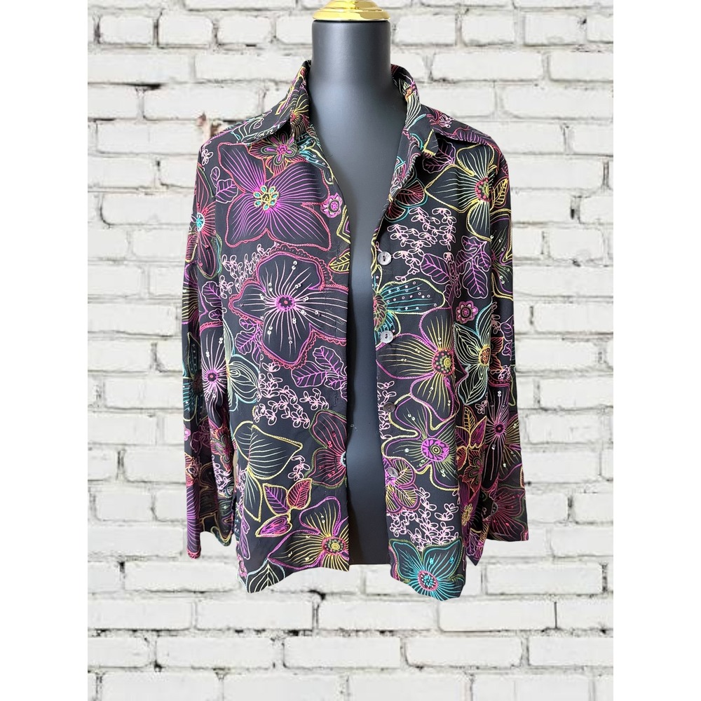 Coldwater Creek Button‎ Up Blouse Womens PM Black Neon Floral Sequin Embroidered